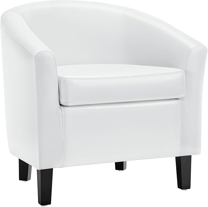 Yaheetech White Leather Chair, Faux Leather Accent Chair, Modern Barrel Chair Comfy Club Chair with Soft Padded and Solid Legs for Living Room Bedroom Reception Room, White