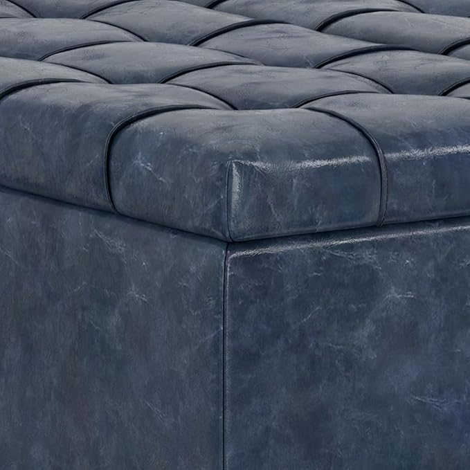 SIMPLIHOME Harrison 30 inch Wide Transitional Square Small Coffee Table Storage Ottoman in Denim Blue Vegan Faux Leather, Assembled, for The Living Room and Bedroom