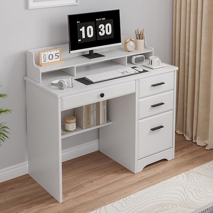 4 EVER WINNER White Desk with Drawers, Small Desk with File Drawer for Small Spaces, Writing Desk with Monitor Stand Wood Table for Study Home Office, White