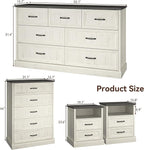 Farmhouse Dresser and Nightstand Sets, 4Pcs Bedroom Furniture Set, Nightstand Set of 2 & 55" Wide 7 Drawer and 44" Tall 5 Drawer Dresser with Large Drawers & Bar Handles, White