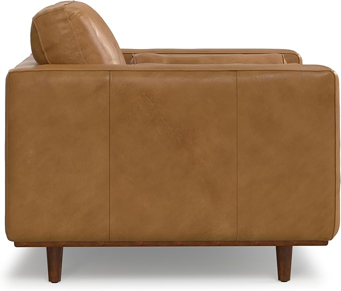 SIMPLIHOME Morrison Accent Chair - 43 inch Wide Upholstered Top Grain Genuine Leather Mid-Century Modern Arm Chair with Solid Wood Frame in Sienna, for Living Room or Bedroom with 2 Bolster Pillows