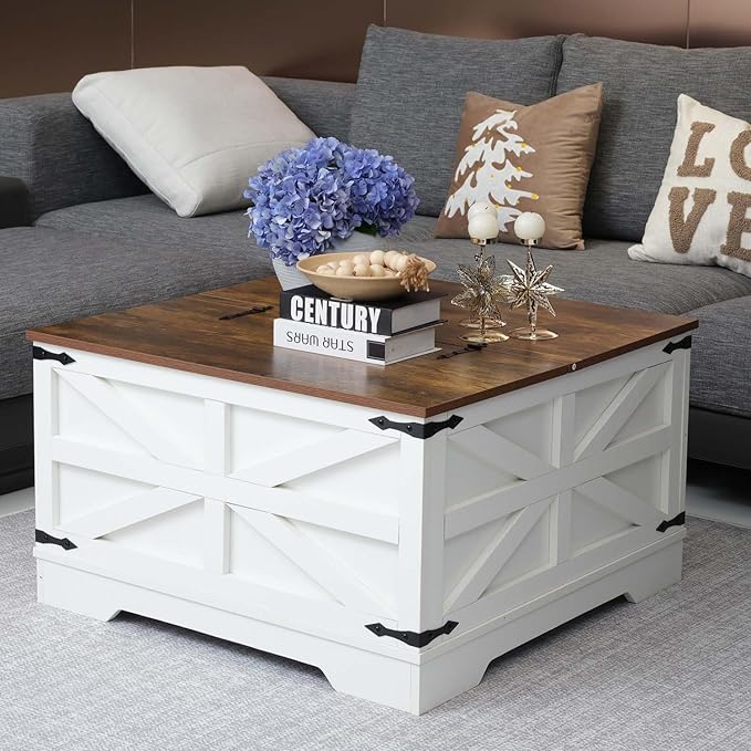 Lift Top Coffee Table, 31.5" Square Coffee Table with Storage, Farmhouse Coffee Tables for Living Room, Cocktail Tables with Large Hidden Compartment, Rustic White