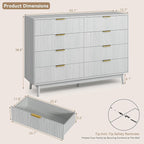 CARPETNAL Fluted 8 Drawer Dresser for Bedroom, 55" Wide Wooden Chest of Drawers with Rounded Corners, Gold Handles, Modern Storage Organizer for Bedroom, Hallway(White)