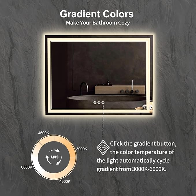 LED Mirror for Bathroom, 48x36 Inch Gradient Front and Backlit Bathroom Mirror, 3 Colors Dimmable CRI>90 Double Lights, IP54 Enhanced Anti-Fog, Hanging Plates Wall Mount LED Vanity Mirror