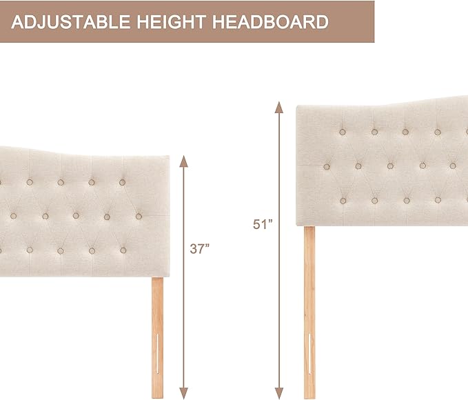 Tufted Upholstered Headboard King Size, Sturdy and Durable Solid Wood Bed headboard, Fabric Headboard Adjustable Height from 37” to 51”, Modern Button Diamond Design Head Board, Beige