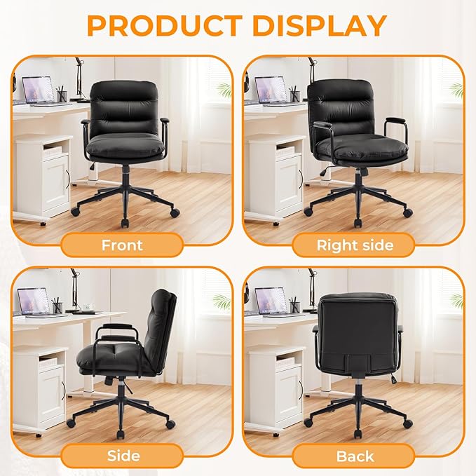 Furniliving Leather Home Desk Chair, Comfortable Executive Office Chair with Wheels, Ergonomic Computer Task Chair Adjustable Height, Black