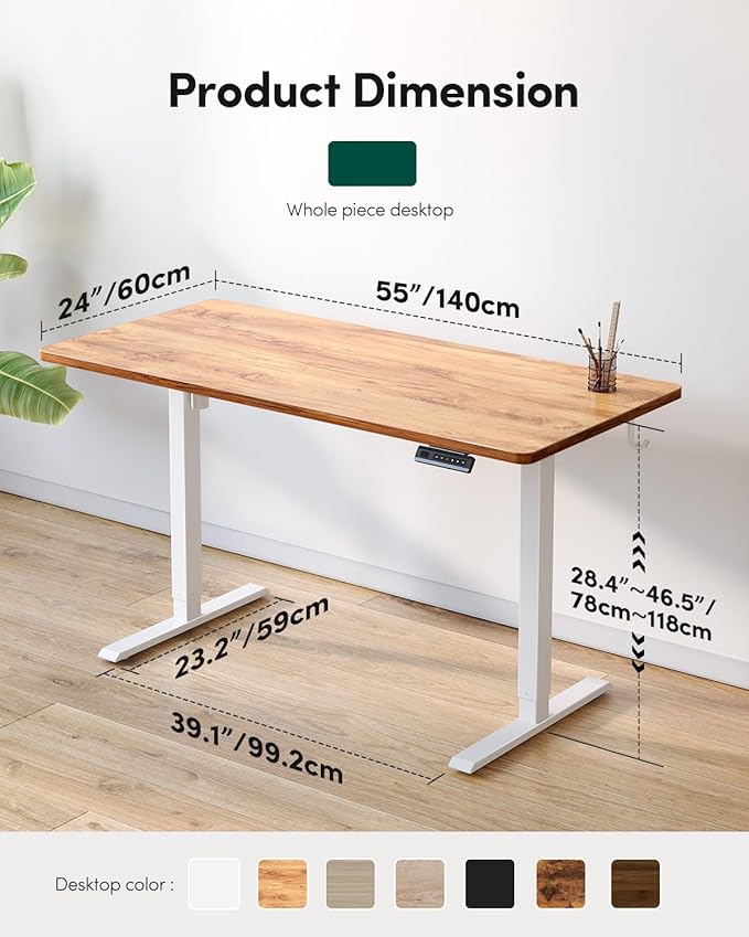 FEZIBO One-Piece Standing Desk Adjustable Height Stand up Home Office Desk, 55x24 Inch Electric Standing Computer Desk, with 4 Memory Presets, Headphone Hook, Light Rustic