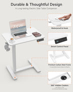 FiCiHi Small Electric Standing Desk - Adjustable Height Bedside Laptop Table with Wheels, Mobile, Portable Rolling Computer Workstation Sit Stand Table for Home Office, Sofa, Couch Use (28x16, White)