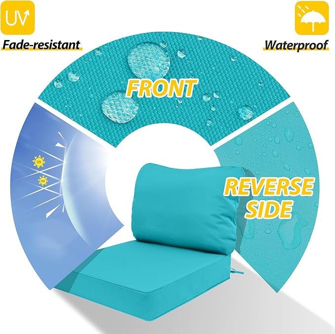 AAAAAcessories Outdoor Deep Seat Cushions, Waterproof, Fade-Resistant Patio Furniture Replacement Cushions, 25.5" x 25.5" x 5" + 25.5" x 19", Set of 4, Turquoise Blue