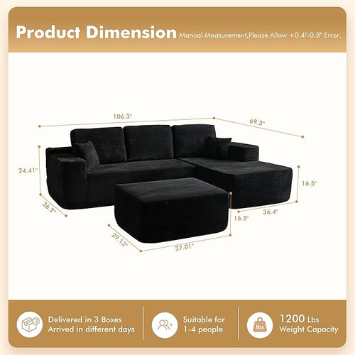 106" Cloud Sectional Couch with L-Shape Chaise & Ottoman, No Assembly Modular Sofa, Deep Seat Corduroy Boneless Couched for Living Room (Black Stripe Corduroy, Right Facing Chaise with Ottoman)
