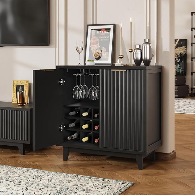 Fluted Coffee Bar Cabinet with Storage, Modern Sideboard Buffet Cabinet with Removable Wine Rack, Drawer, Adjustable Shelf, Black Liquor Cabinets for Living Room, Dining Room, Kitchen, Entryway