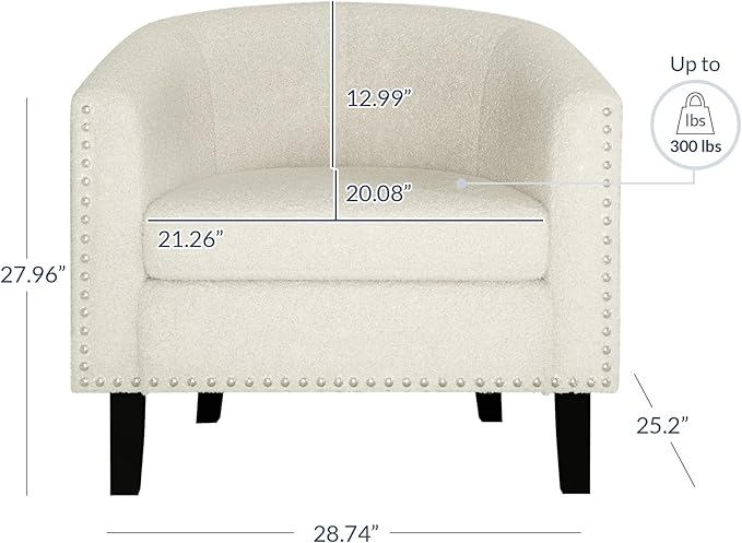 BELLEZE Accent Barrel Chairs Set of 2, Modern Tub Club Chairs Upholstered Armchairs for Living Room, Accent Chairs with Silver Nail Head Trim Black Legs - Kyara (White/Polyester)