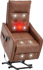 PELUMY Manual Lift Recliner Chair with Massage and Heat for Elderly, Single Motor Electric Lift Chair, Heavy Duty Recliner with USB Charging & Side Pockets (Breathable Leather, Yellow Brown)