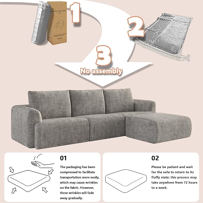 EASE MOOSE Cloud Couch Sectional Sofa, Large L-Shaped Oversized Modular Couch for Living Room, Minimalist Boneless Couches with Ottoman, 5-Seat Deep Sofas for Bedroom, Chenille (Light Grey)