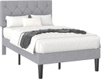 VECELO Twin Bed Frame with Button Tufted Headboard, Upholstered Platform with Wooden Slat Support, No Box Spring Needed, Linen Grey
