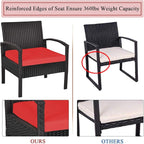 COSTWAY Rattan Patio Furniture Set 3 Pieces, Wicker Conversation Set with Tempered Glass Coffee Table, Seat Cushions, Outdoor Chair Wicker Sofa for Backyard Balcony Porch Poolside, Red