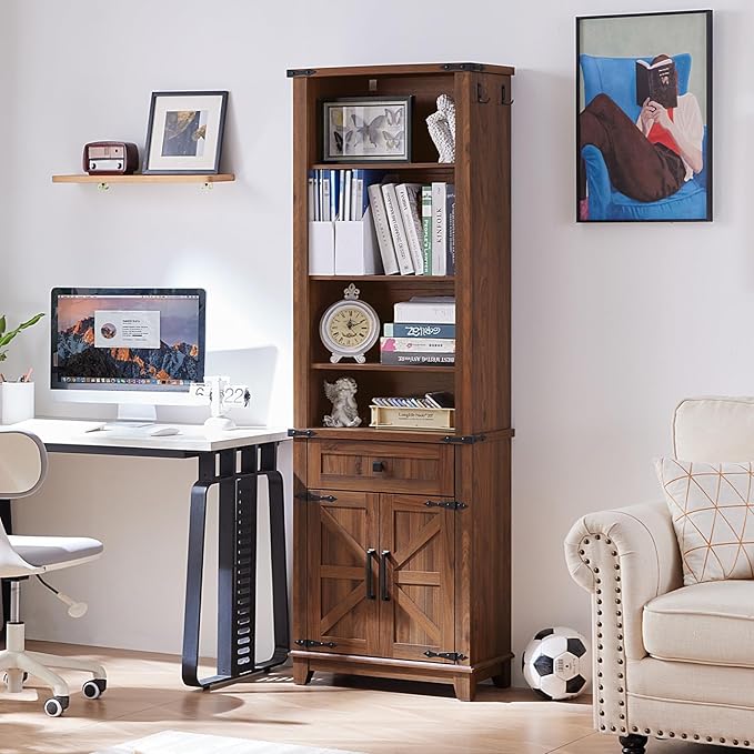 72in Tall Bookshelf 7 Tier Bookcase with Drawer and Barn Doors and Adjustable Shelves, Brown Farmhouse Book Shelf with Storage Cabinet, Wood Freestanding Display Bookshelves for Kitchen (3PCS)