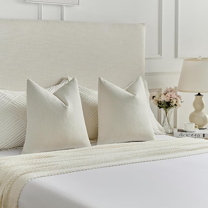 FUTEI Cream Chenille Decorative Throw Pillow Covers 16x16 Inch Set of 2,Soft Cozy Faux Linen Textured Cushion Case,Farmhouse Home Decor for Couch Living Room