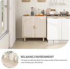 Beige Rattan Cabinet-2-Doors,Sideboard Buffet Cabinet with Storage-Accent Storage Cabinet with Cane Door, Boho Wood Credenza for Living Room, Kitchen,Dining Room or Office
