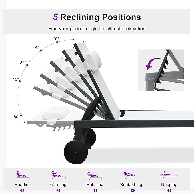 PURPLE LEAF Patio Lounge Chair Set of 3 Outdoor Chaise Lounger Aluminum Frame with Side Table and Wheels for Pool Outside Sunbathing Tanning Recliner Including Pillows White
