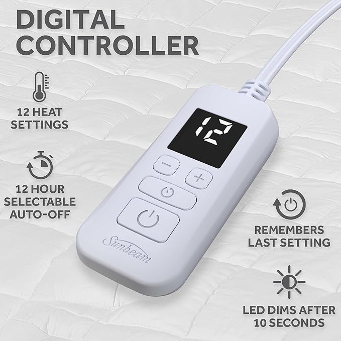 Sunbeam Premium Quilted Electric Heated Mattress Pad, 60" x 80", 12 Heat Settings, 12-Hour Auto Shut-Off, Machine Washable, Extra-Soft, White