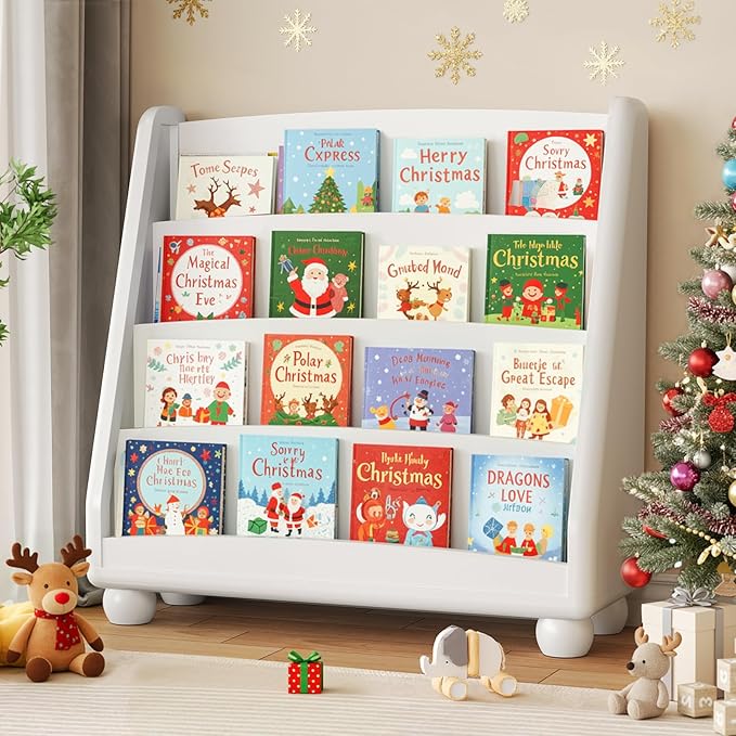 ONBRILL 4-Tier Kids Bookshelf, Montessori Shelf for Kids Rooms, Toddler Book Rack Organizer and Storage, Wooden Baby Bookshelf for Classrooms Nursery Playrooms