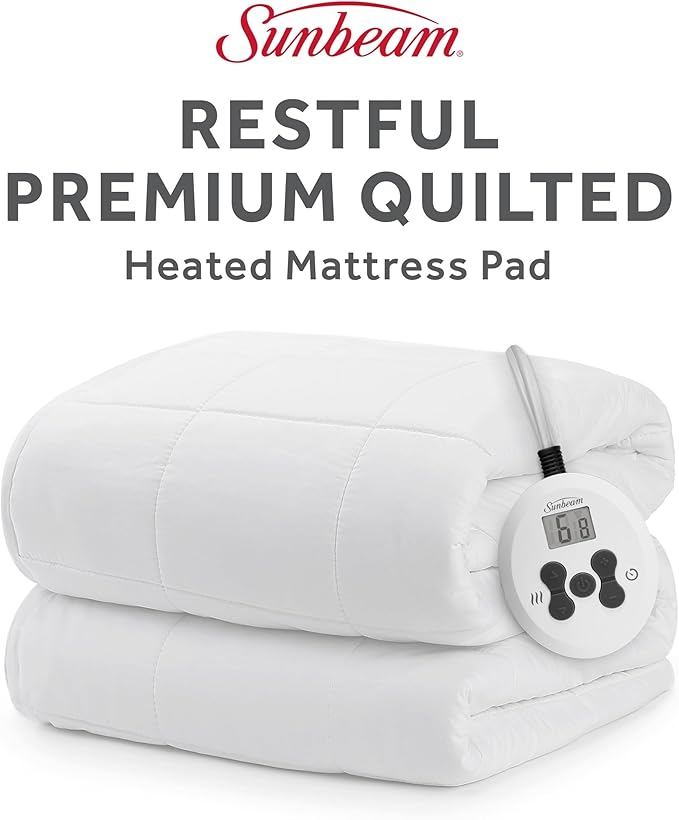 Sunbeam Premium Quilted Electric Heated Mattress Pad, 54" x 75", 12 Heat Settings, 12-Hour Selectable Auto Shut-Off, Warmth for Restful Sleep, Machine Washable, White