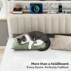 VINGLI Twin or Twin XL Size Headboard, Adjustable Upholstered Headboard with 2 Tier Shelves and Pegboard with Charging Stations and LED Lights, Modern Bed Headboard with Storage for Bedroom Decor