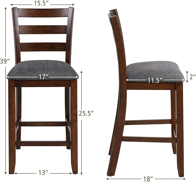 COSTWAY Set of 2 Counter Height Bar Stool, 25.5-Inch Upholstered Bar Stools with Solid Rubber Wood Frame, Foam-Padded Cushion, Footrest, Kitchen Chair for Bistro, Living Room, Grey and Brown