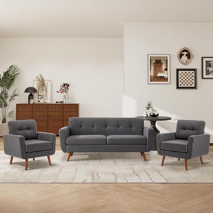 Tbfit Accent Chair, Reading Chair for Living Room & Bedroom, Mid Century Modern Arm Chair, Button Tufted Upholstered Accent Chairs Sofa with Solid Wood Frame (Stone Grey)