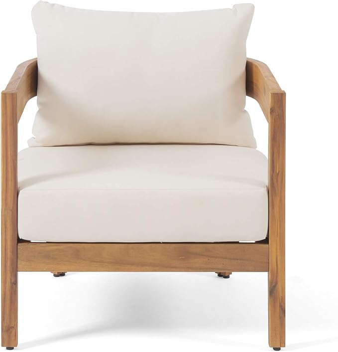 Christopher Knight Home 312395 Alfy Outdoor Club Chair with Cushions (Set of 2), Teak Finish, Beige