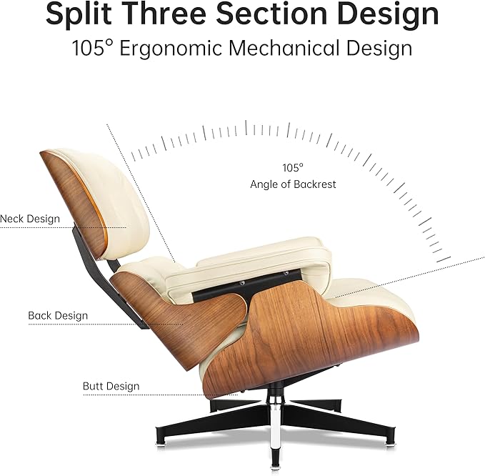 Top Cream White Grain Leather, Mid Century Chaise Lounge Chair and Ottoman, Modern Chair Classic Design, Walnut Wood, Heavy Duty Base Support for Living Room Office