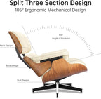 Top Cream White Grain Leather, Mid Century Chaise Lounge Chair and Ottoman, Modern Chair Classic Design, Walnut Wood, Heavy Duty Base Support for Living Room Office