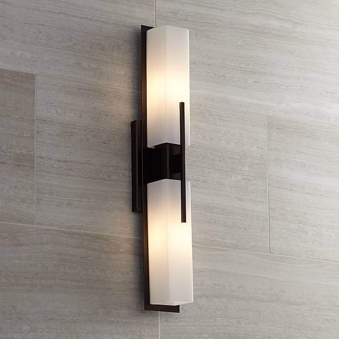 Possini Euro Design Midtown Modern Wall Light Bronze Metal Hardwired 23 1/2" 2-Light Fixture White Glass Shade for Bedroom Bedside Bathroom Vanity Living Room Hallway Dining House Home Kitchen