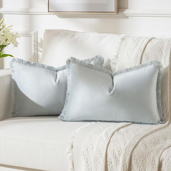 FUTEI Light Blue Velvet Decorative Throw Pillow Covers 12x20 Set of 2,Soft Cozy Edge with Tassels Lumbar Pillow Cases,Boho Modern Home Decor for Couch Bed Living Room