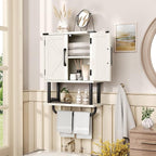 AmazerBath Bathroom Wood Wall Cabinets, Farmhouse Medicine Cabinets Organizer with Towel Bar, Hanging Small Storage Cabinet with Adjustable Shelf, 2 Doors Wall Organizer Cabinet for Small Spaces