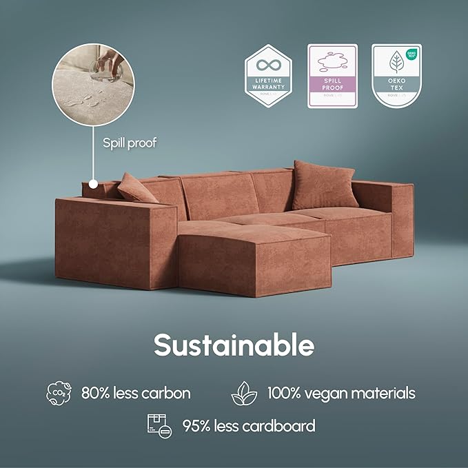 ROVE LAB M1 Sectional Sofa with Ottoman- Sectional Couches for Living Room, Sustainable 3 Seat Couch, One Person Assembly, High Density Foam (Copper Tan)