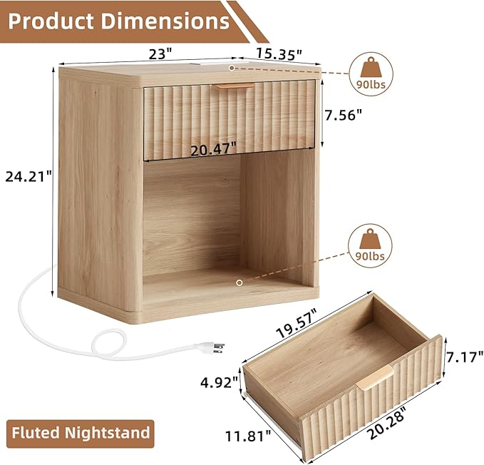LEYAOYAO Fluted Nightstand with Charging Station, 23" Wide 1 Drawers Night Stand,Natural End Table with Open Storage,Farmhouse Bed Side Tables, Wood Dresser for Bedroom, Living Room, Closet