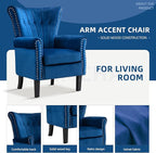 Velvet Accent Chair Single Modern Armchair with Riveted Decorative Mid-Century High Back Reading Chair Sturdy Sofa Chair for Living Room Bedroom Home Office (Blue)