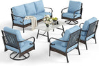 6 Piece Metal Outdoor Patio Furniture Set - 1 3-Seater & 2 Fixed & 2 Swivel Sofas with 5.75" Thick Cushion & Coffee Table - Black & Blue Backyard Furniture