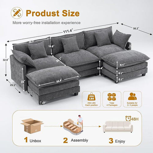 111.4" Cloud Chenille Sectional Sofa 3+2｜Modular 5-Seat Couch with Connector｜FSC Solid Wood Frame｜29.1" Deep Seat｜1YR Comfort Guarantee