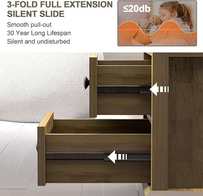 18" Wide End Table with Charging Station Set of 2, Fast Charge End Table Set of 2, Large 18” Bedside Table with Drawers, Storage Cabinet with Open Shelf for Bedroom, Natural