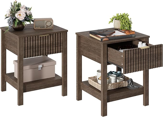 Fluted Night Stand with Golden Handle,Set of 2 Mid-Century Nightstands with Drawer,Bedside Table with Storage Shelf,Large End Tables for Livingroom,Bed Side Tables for Bedroom,Walnut