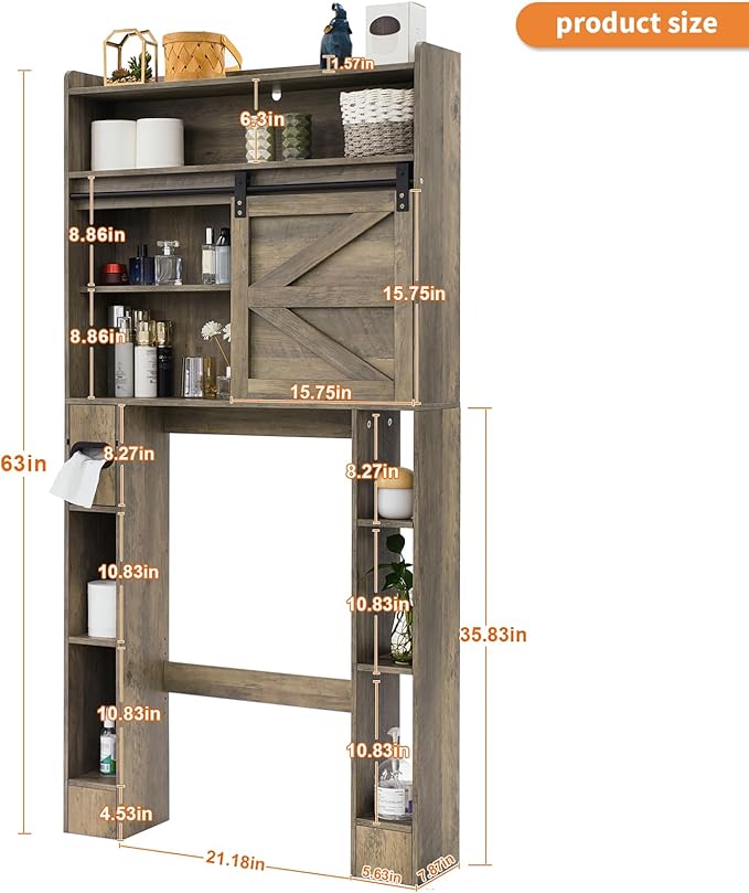 Over The Toilet Storage Cabinet, 32.5'' Wide Bathroom Storage Cabinet with Sliding Barn Door, Freestanding Over Toilet Storage Shelf, Grey