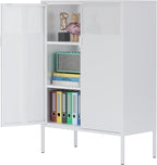 2 Door Accent White Metal Storage Cabinet with Adjustable Shelves and Air Vent Doors, 3 Tier Metal Sideboard Cabinet for Home, Office, Entryway, Hallway, Assembly Required, (LC-WGG-W)