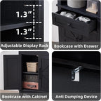 72in Tall Bookshelf 7 Tier Bookcase with Drawer and Barn Doors and Adjustable Shelves, Black Farmhouse Book Shelf with Storage Cabinet, Wood Freestanding Display Bookshelves for Kitchen (2PCS)