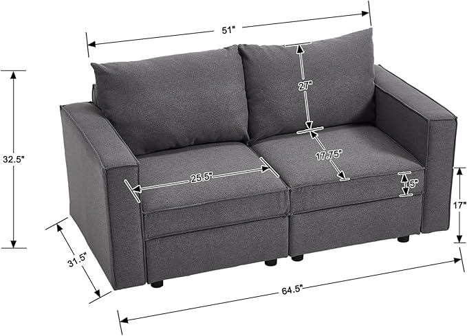 64.5 inch Loveseat, Small Modular Sectional Linen Fabric Sofa Set, Modern Convertible Comfortable Sofa Couch for Living Room/Apartment, Grey