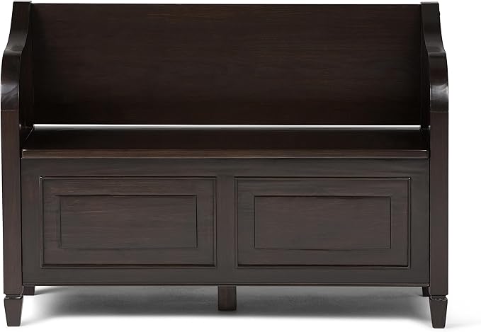 SIMPLIHOME Connaught Entryway Storage Bench - 42 inch Wide Solid Wood Storage Seat in Dark Chestnut Brown, Traditional Bench for Entryway or Living Room with Lift-Up Lid and Elegant Moulding Detail