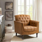 Pia Ricco Faux Leather Armchair Set of 2, Modern Accent Chairs with Nailhead Trim and Solid Wood Legs, Upholstered Comfort for Living Room, Office, Bedroom - Camel