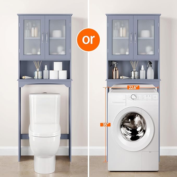 Yaheetech Over The Toilet Storage Cabinet, Free Standing Toilet Rack with Adjustable Shelves and Tempered Glass Doors for Bathroom Washroom, Grey